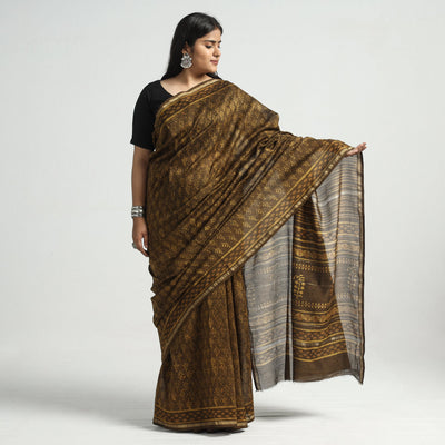 Brown - Akola Hand Block Printed Chanderi Silk Saree with Zari Border