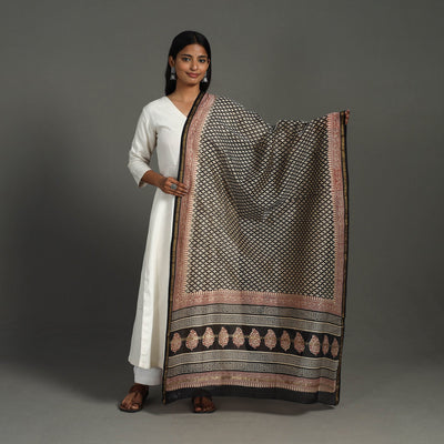 Black - Block Print Chanderi Silk Bagru Dupatta 21