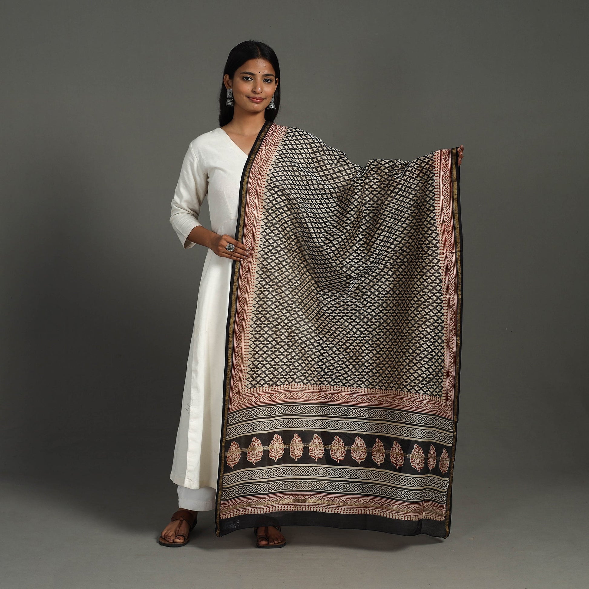 Black - Block Print Chanderi Silk Bagru Dupatta 21