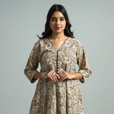 Beige - Pedana Kalamkari Block Printed Cotton Kurta with Palazzo Set