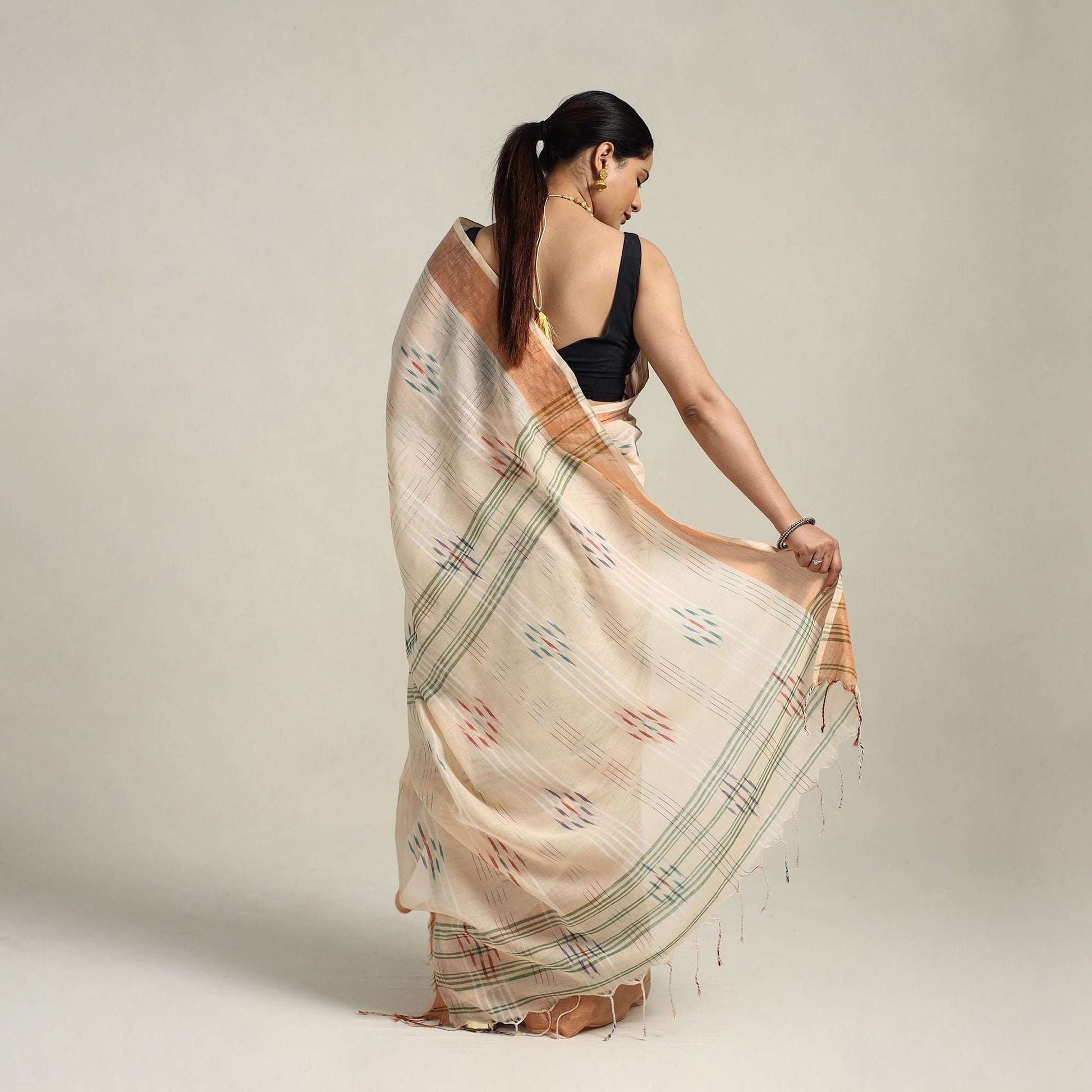 Beige - Phulia Handloom Cotton Saree with Zari Border  05