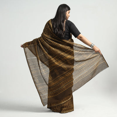 Brown - Akola Hand Block Printed Chanderi Silk Saree with Zari Border