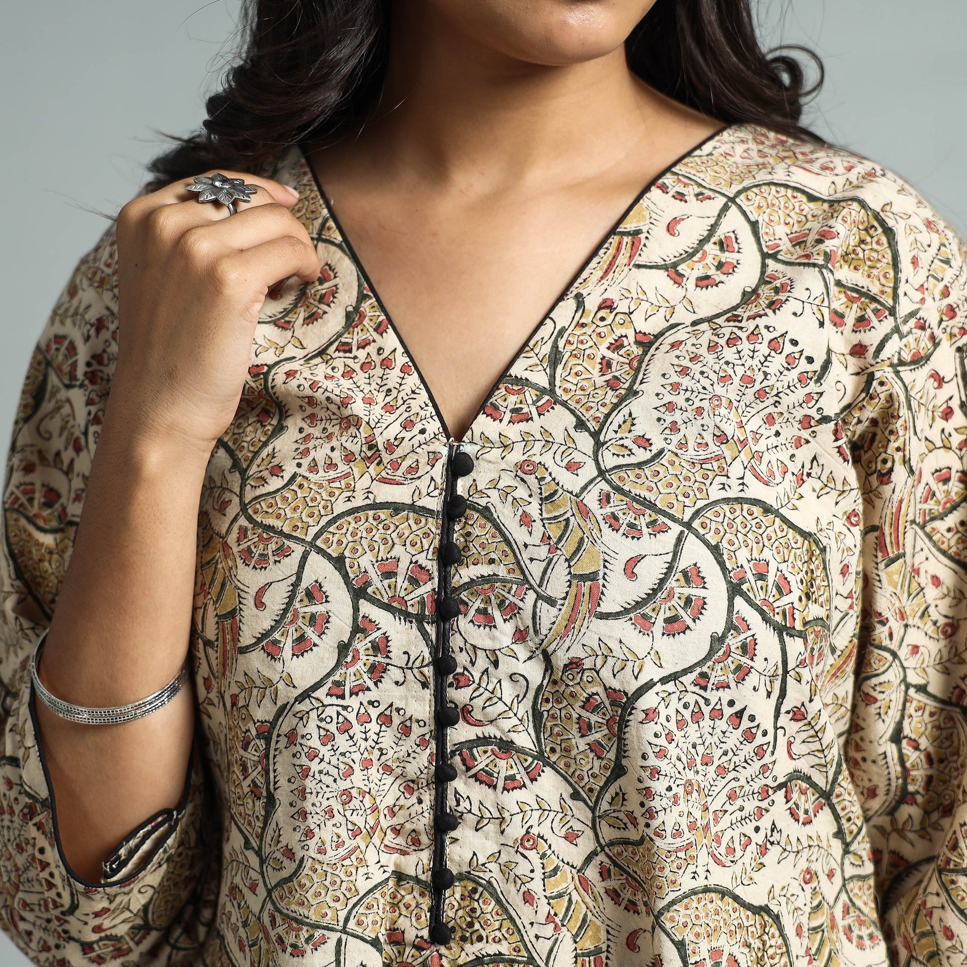 Beige - Pedana Kalamkari Block Printed Cotton Kurta with Palazzo Set