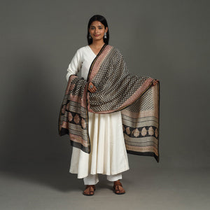 Black - Block Print Chanderi Silk Bagru Dupatta 21