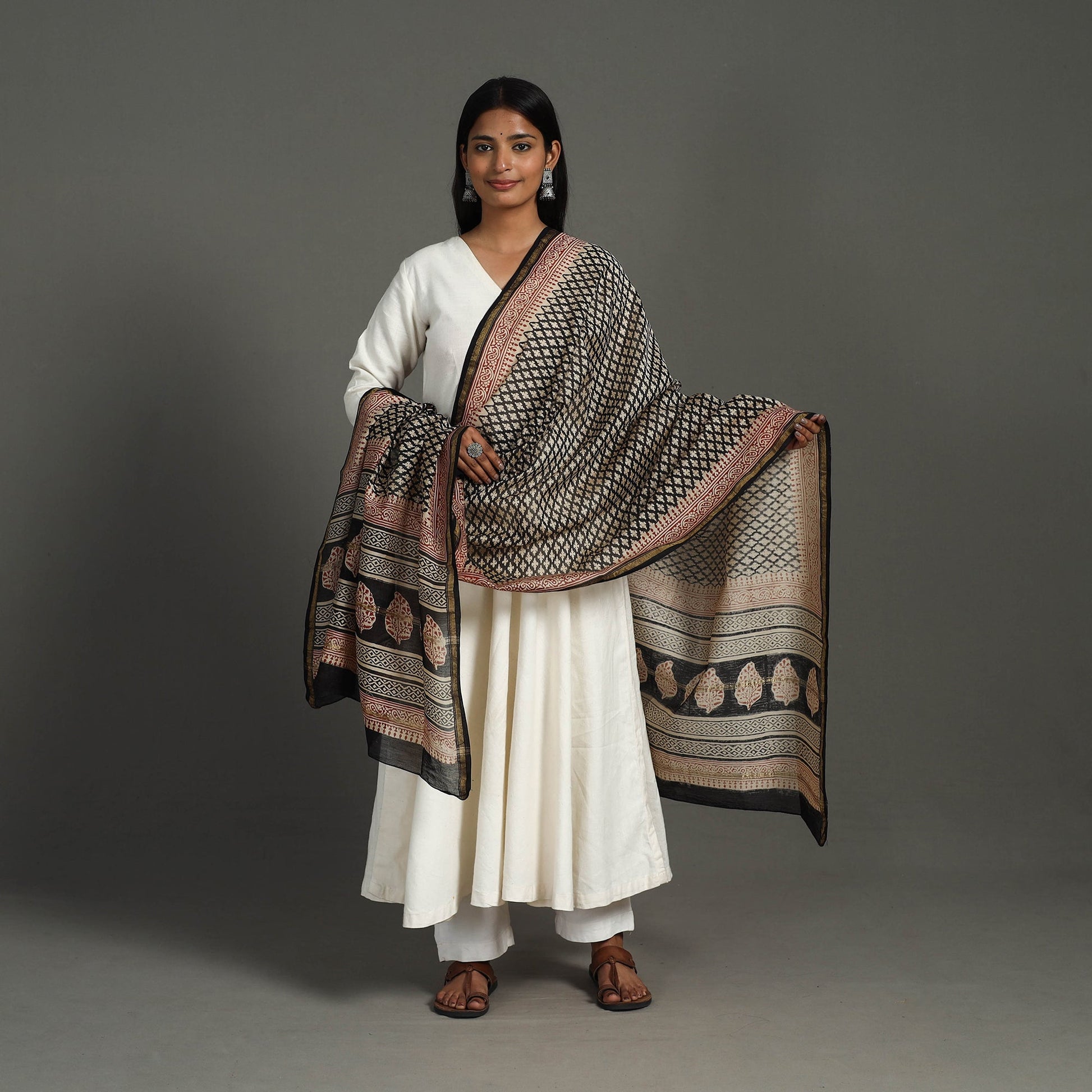Black - Block Print Chanderi Silk Bagru Dupatta 21