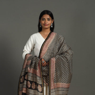 Black - Block Print Chanderi Silk Bagru Dupatta 21