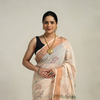 Beige - Phulia Handloom Cotton Saree with Zari Border  05