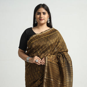 Brown - Akola Hand Block Printed Chanderi Silk Saree with Zari Border