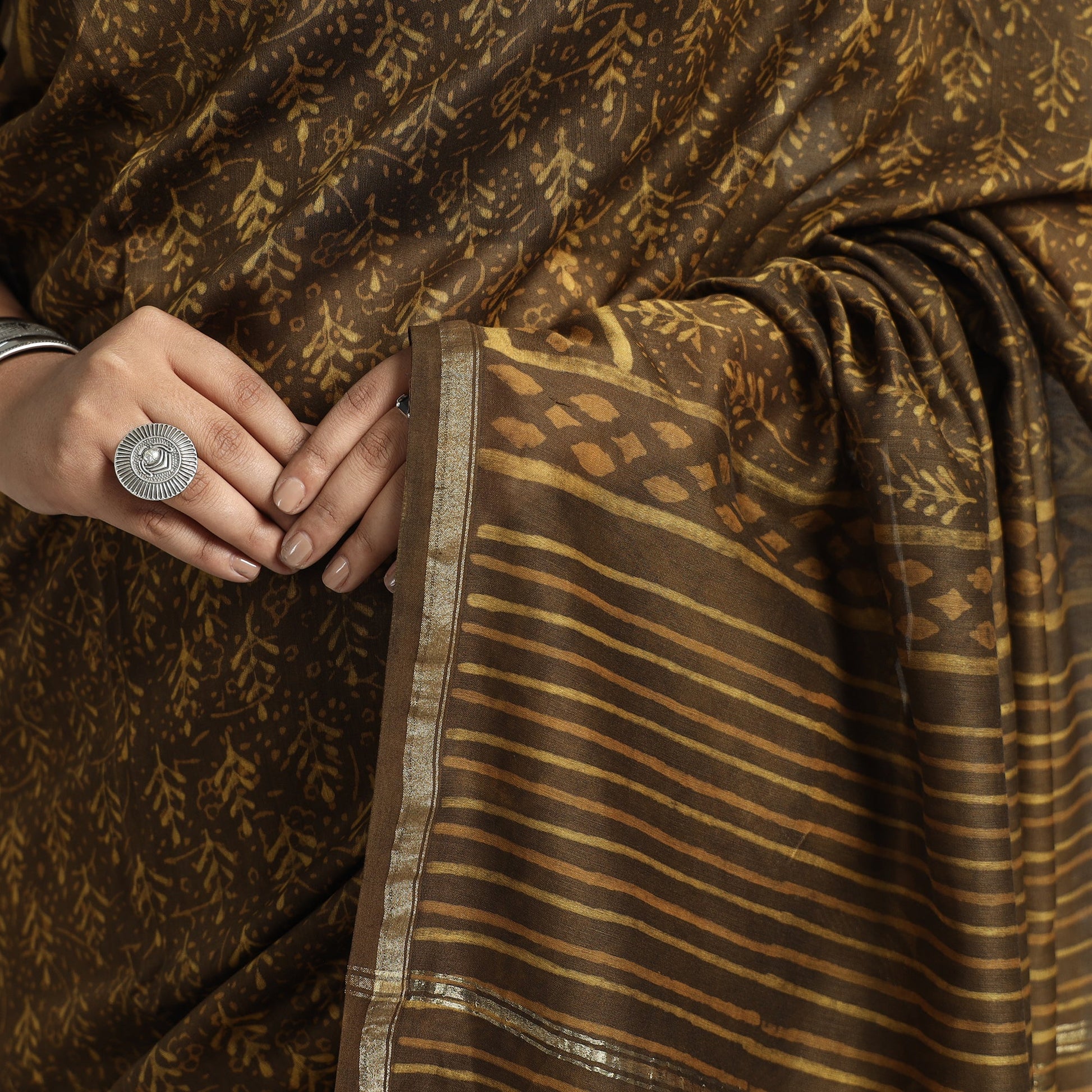 Brown - Akola Hand Block Printed Chanderi Silk Saree with Zari Border