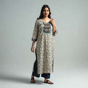 Beige - Pedana Kalamkari Block Printed Cotton Kurta with Palazzo Set