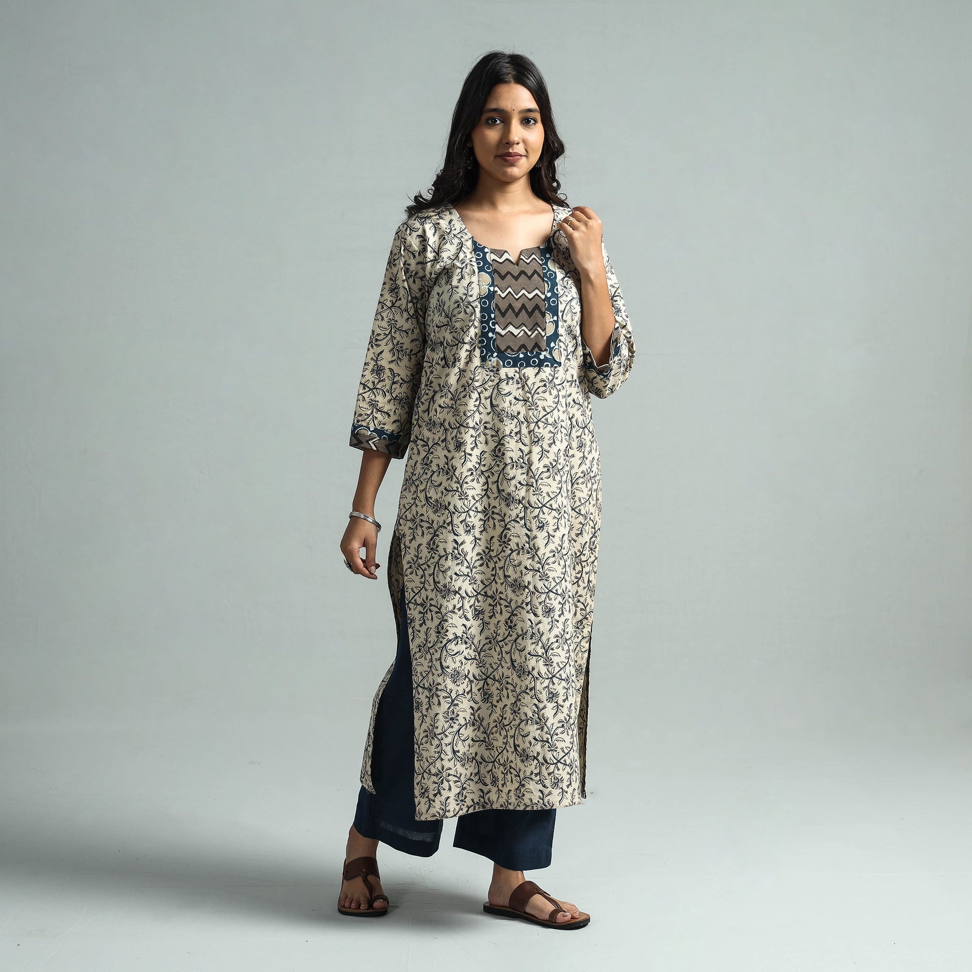 Beige - Pedana Kalamkari Block Printed Cotton Kurta with Palazzo Set