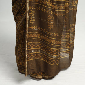 Brown - Akola Hand Block Printed Chanderi Silk Saree with Zari Border