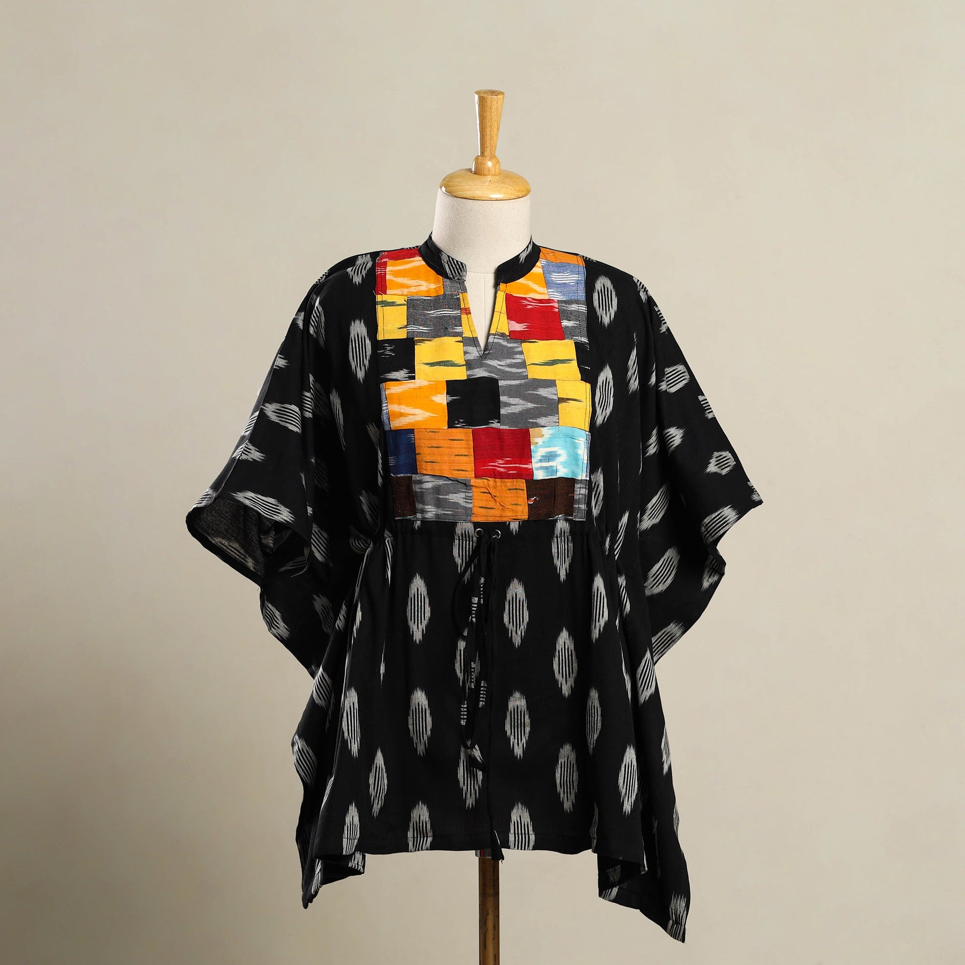 Black - Patchwork Pochampally Ikat Cotton Kaftan (Short) 06