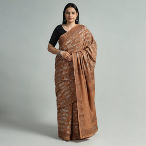 Brown - Bindaas Art Block Printed Natural Dyed Cotton Saree 115