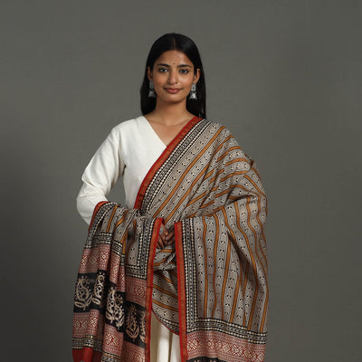 Brown - Block Print Chanderi Silk Bagru Dupatta 22