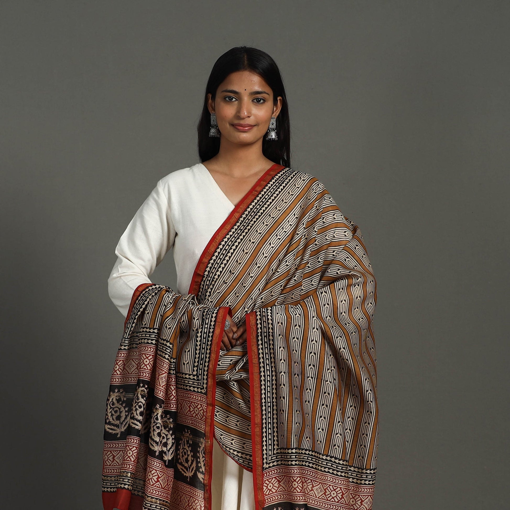 Brown - Block Print Chanderi Silk Bagru Dupatta 22