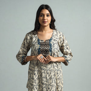 Beige - Pedana Kalamkari Block Printed Cotton Kurta with Palazzo Set