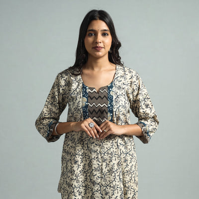 Beige - Pedana Kalamkari Block Printed Cotton Kurta with Palazzo Set
