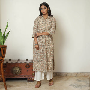 Beige - Pedana Kalamkari Hand Block Printed Cotton Straight Kurta 04