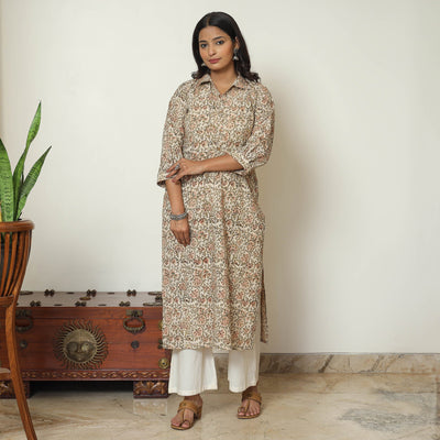 Beige - Pedana Kalamkari Hand Block Printed Cotton Straight Kurta 04