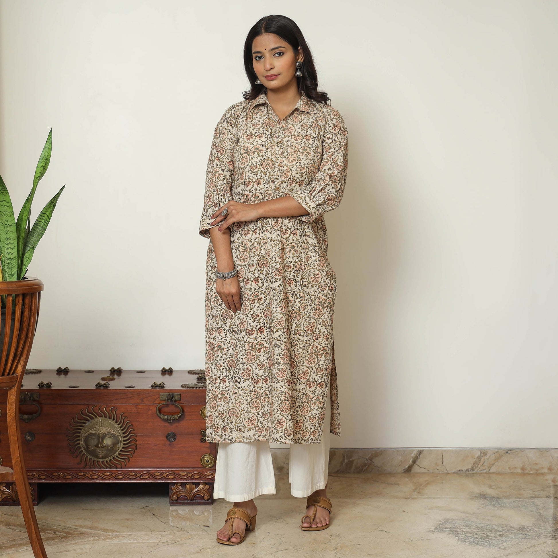 Beige - Pedana Kalamkari Hand Block Printed Cotton Straight Kurta 04