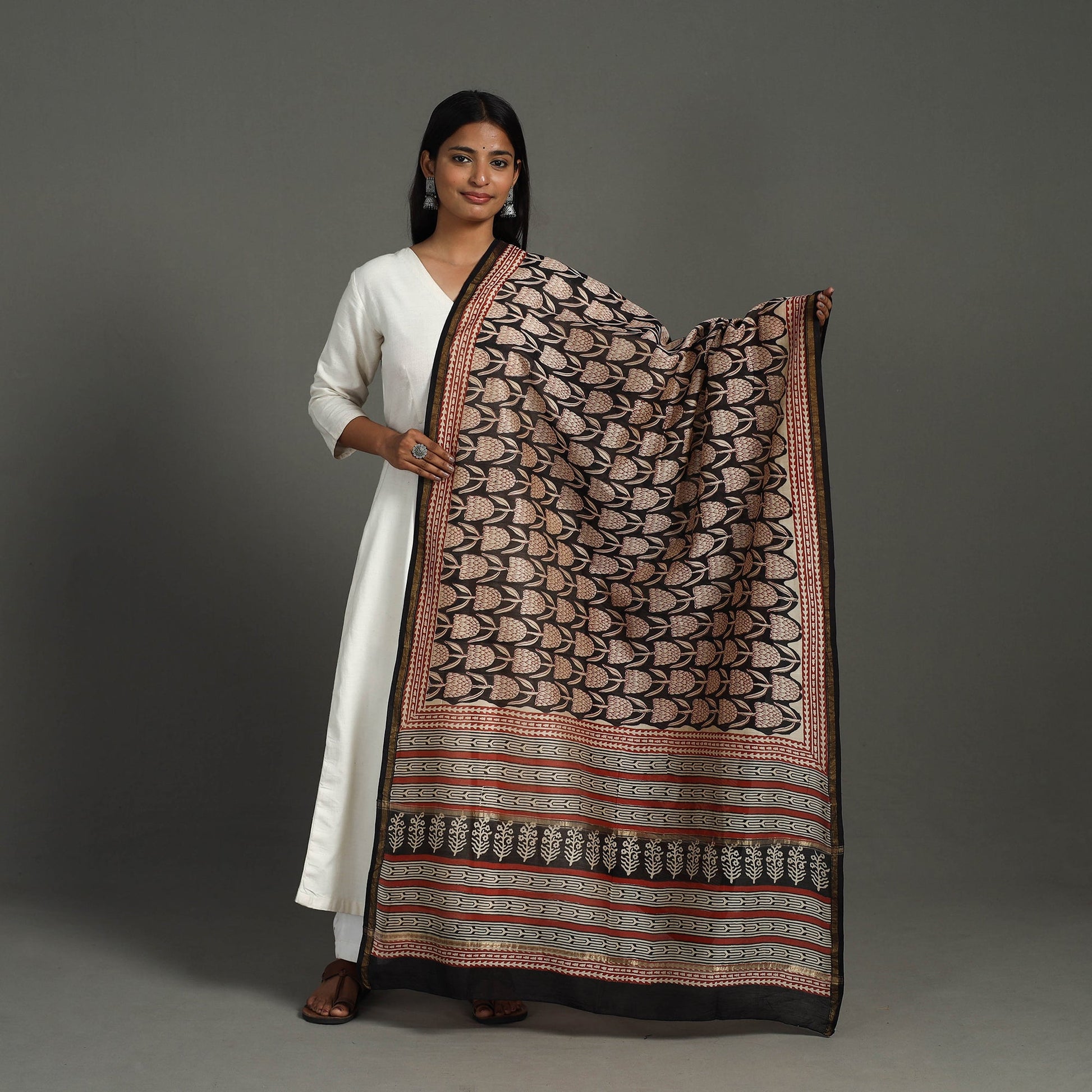 Black - Block Print Chanderi Silk Bagru Dupatta 23