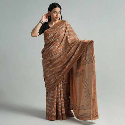 Brown - Bindaas Art Block Printed Natural Dyed Cotton Saree 115