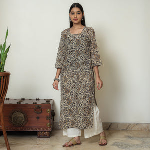 Beige - Kalamkari Hand Block Printed Mul Cotton Straight Kurta 08