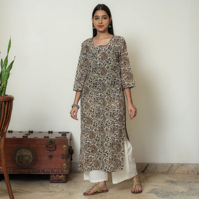 Beige - Kalamkari Hand Block Printed Mul Cotton Straight Kurta 08