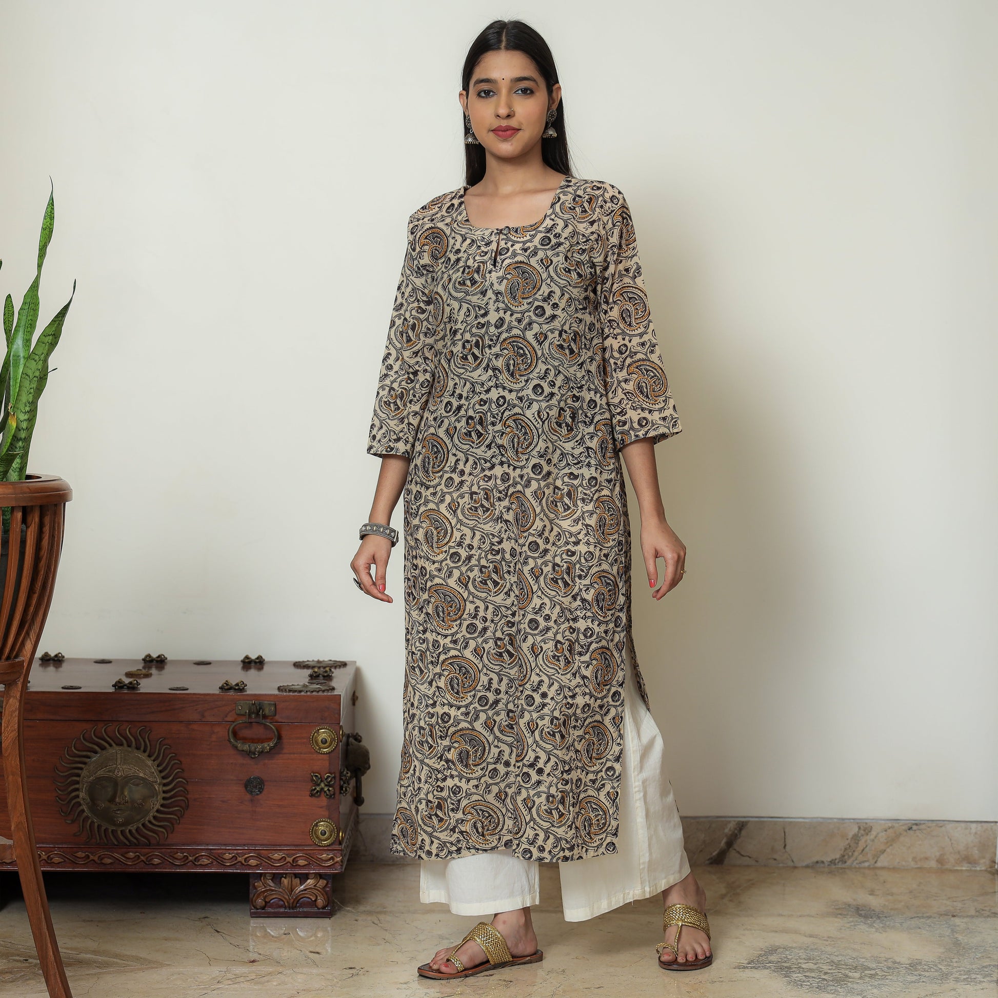 Beige - Kalamkari Hand Block Printed Mul Cotton Straight Kurta 08
