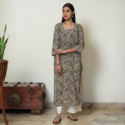 Beige - Kalamkari Hand Block Printed Mul Cotton Straight Kurta 08