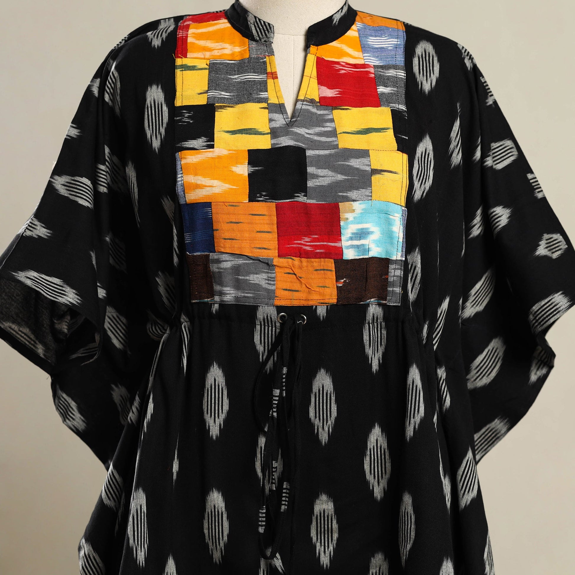 Black - Patchwork Pochampally Ikat Cotton Kaftan (Short) 06
