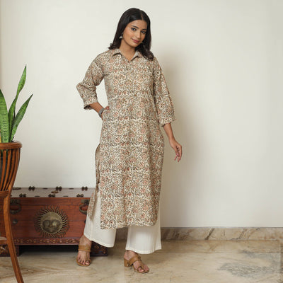 Beige - Pedana Kalamkari Hand Block Printed Cotton Straight Kurta 04