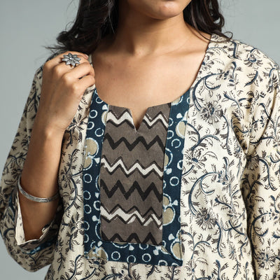 Beige - Pedana Kalamkari Block Printed Cotton Kurta with Palazzo Set