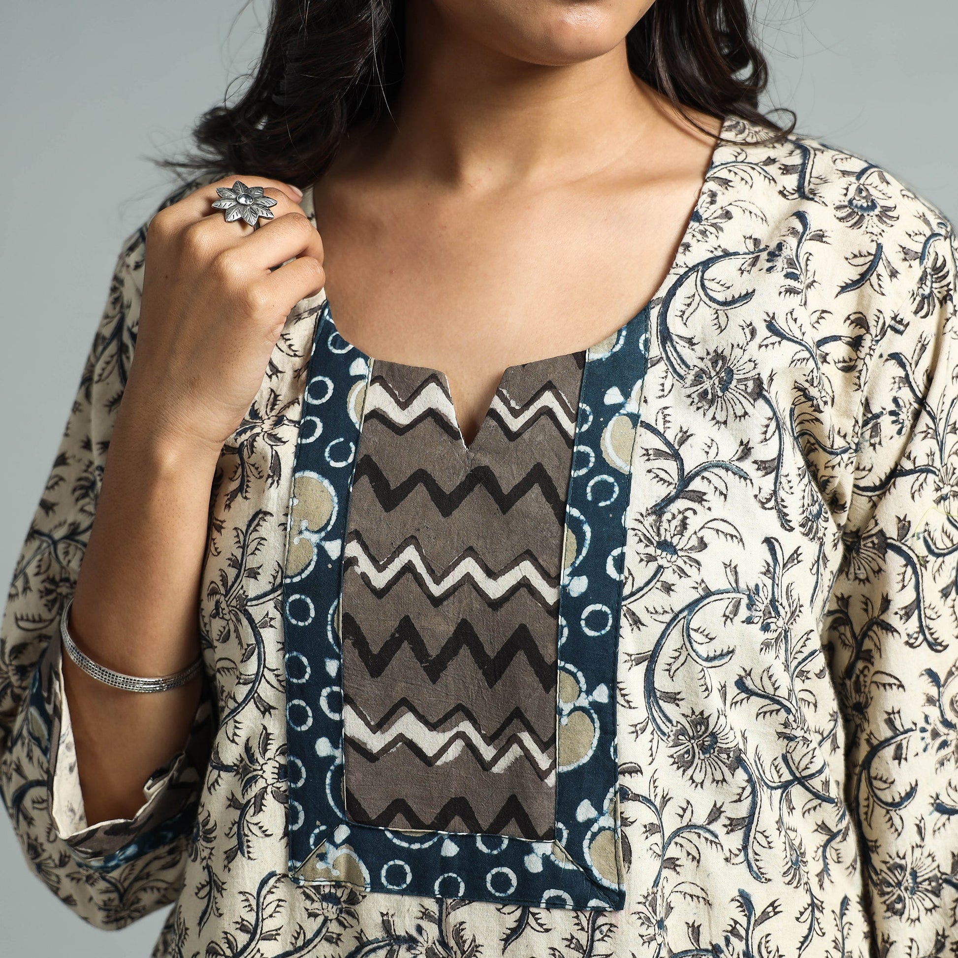 Beige - Pedana Kalamkari Block Printed Cotton Kurta with Palazzo Set