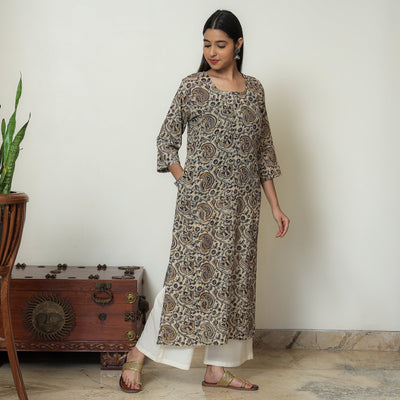 Beige - Kalamkari Hand Block Printed Mul Cotton Straight Kurta 08