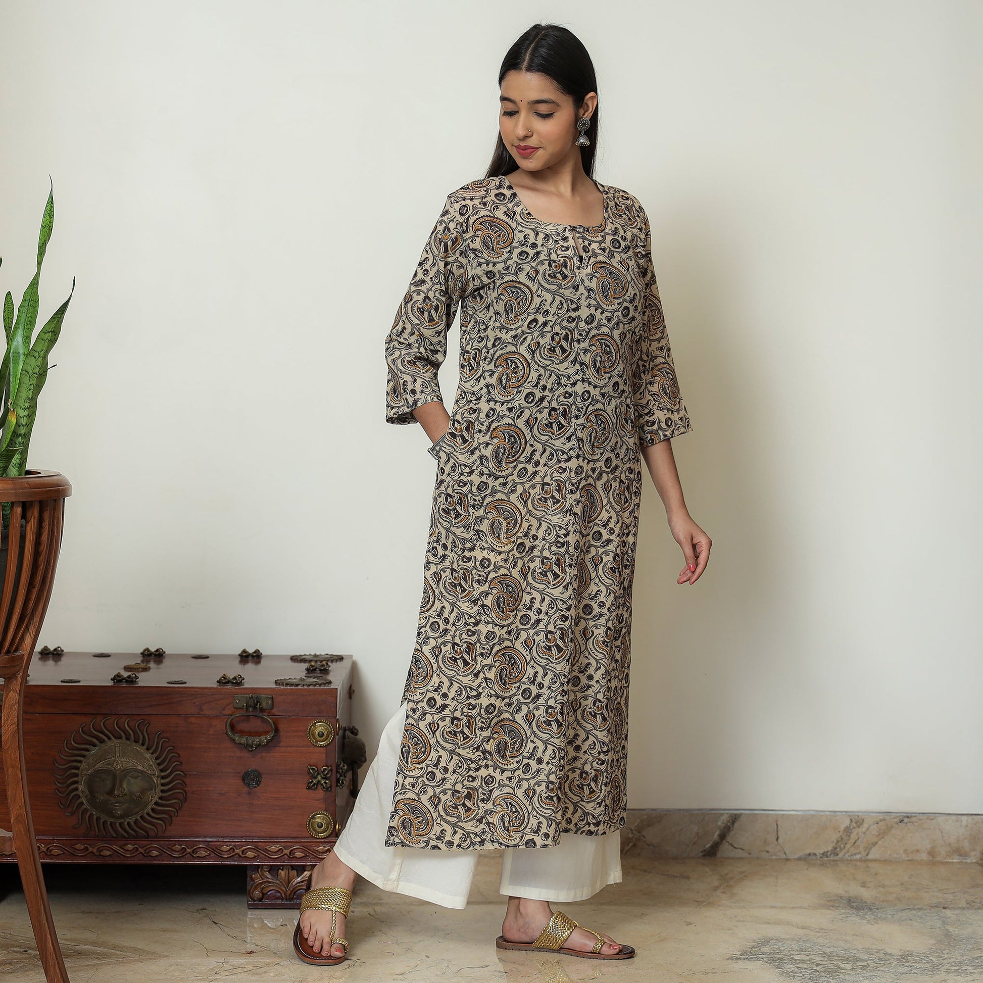 Beige - Kalamkari Hand Block Printed Mul Cotton Straight Kurta 08