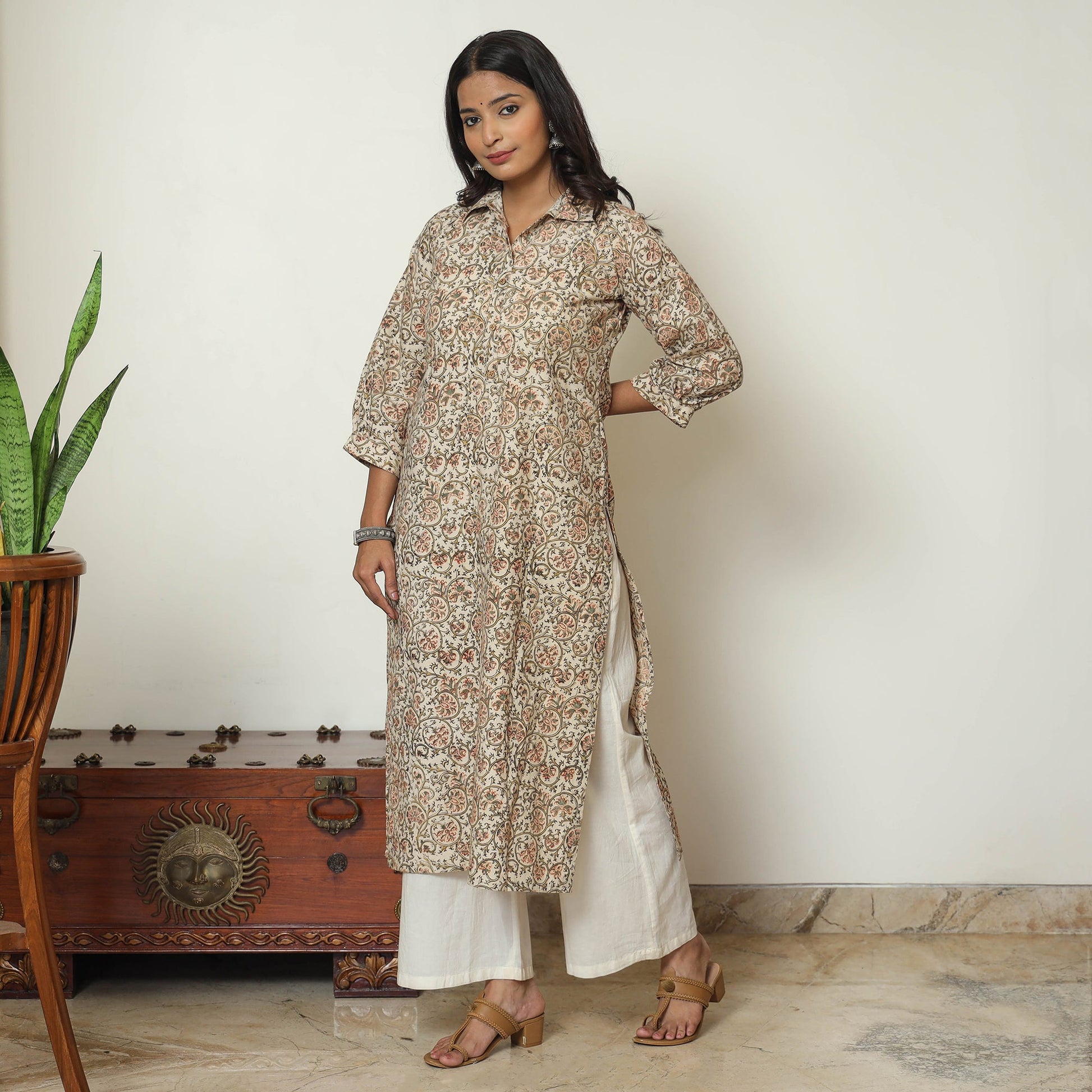 Beige - Pedana Kalamkari Hand Block Printed Cotton Straight Kurta 04