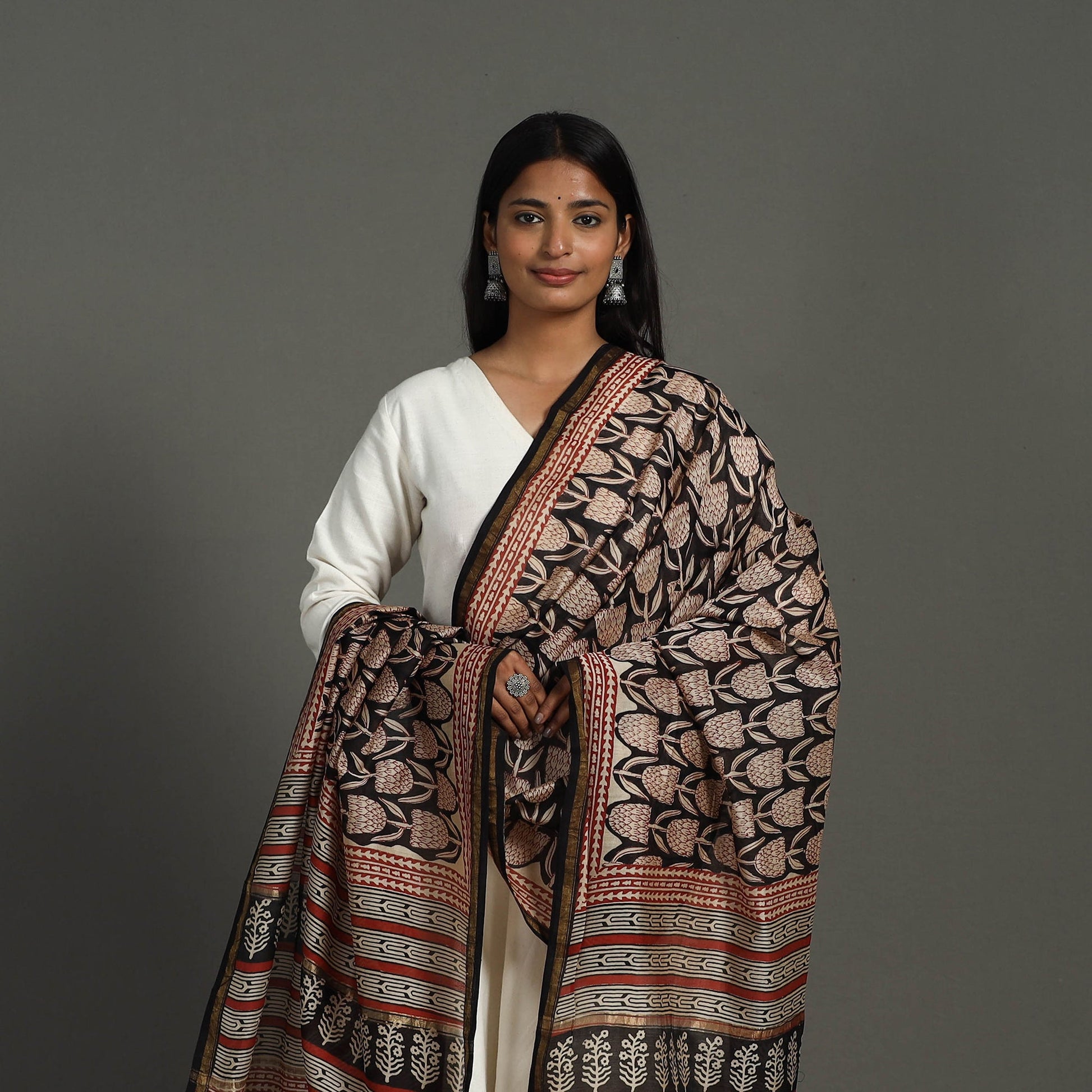 Black - Block Print Chanderi Silk Bagru Dupatta 23
