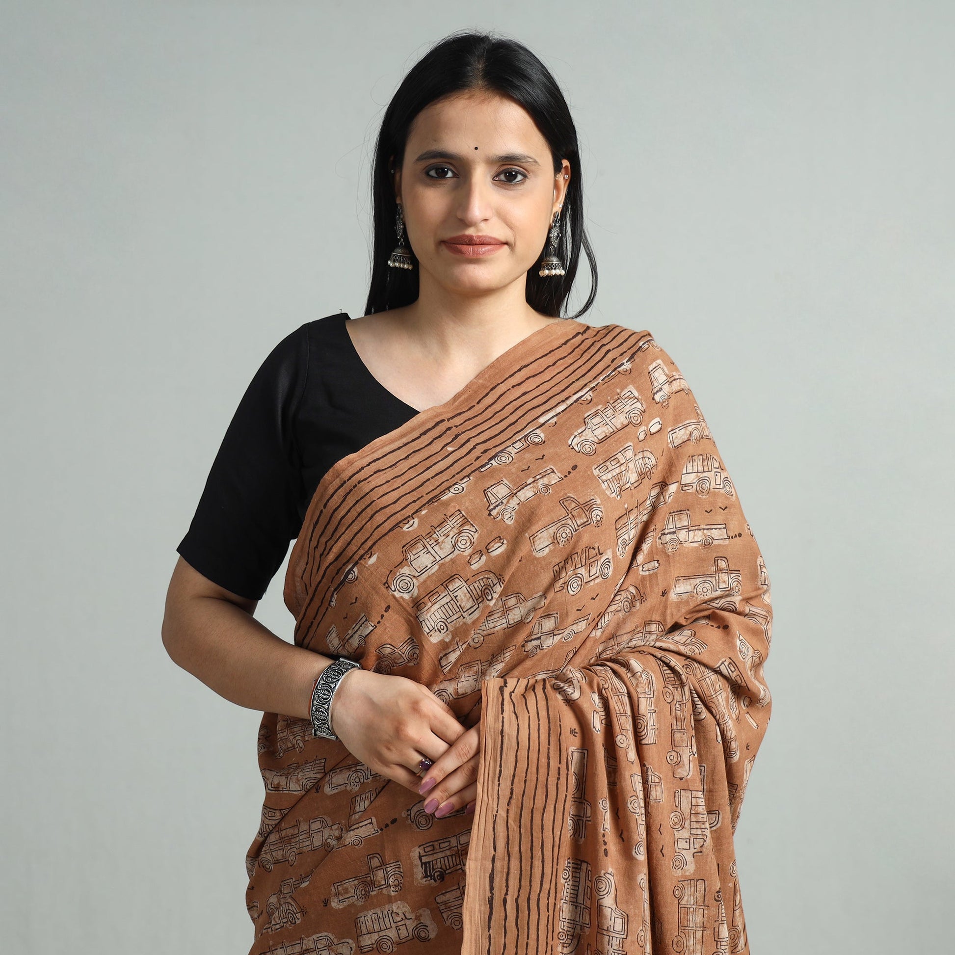Brown - Bindaas Art Block Printed Natural Dyed Cotton Saree 115
