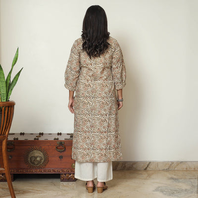 Beige - Pedana Kalamkari Hand Block Printed Cotton Straight Kurta 04