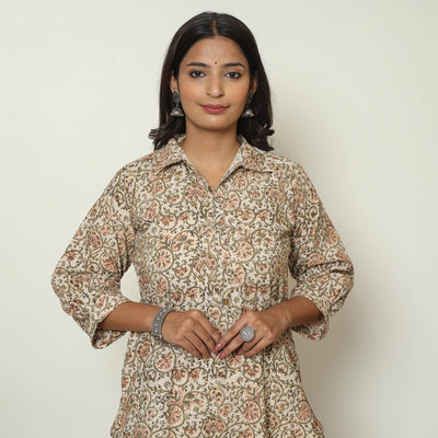Beige - Pedana Kalamkari Hand Block Printed Cotton Straight Kurta 04