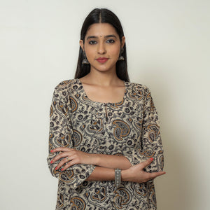 Beige - Kalamkari Hand Block Printed Mul Cotton Straight Kurta 08
