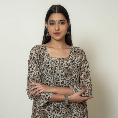 Beige - Kalamkari Hand Block Printed Mul Cotton Straight Kurta 08