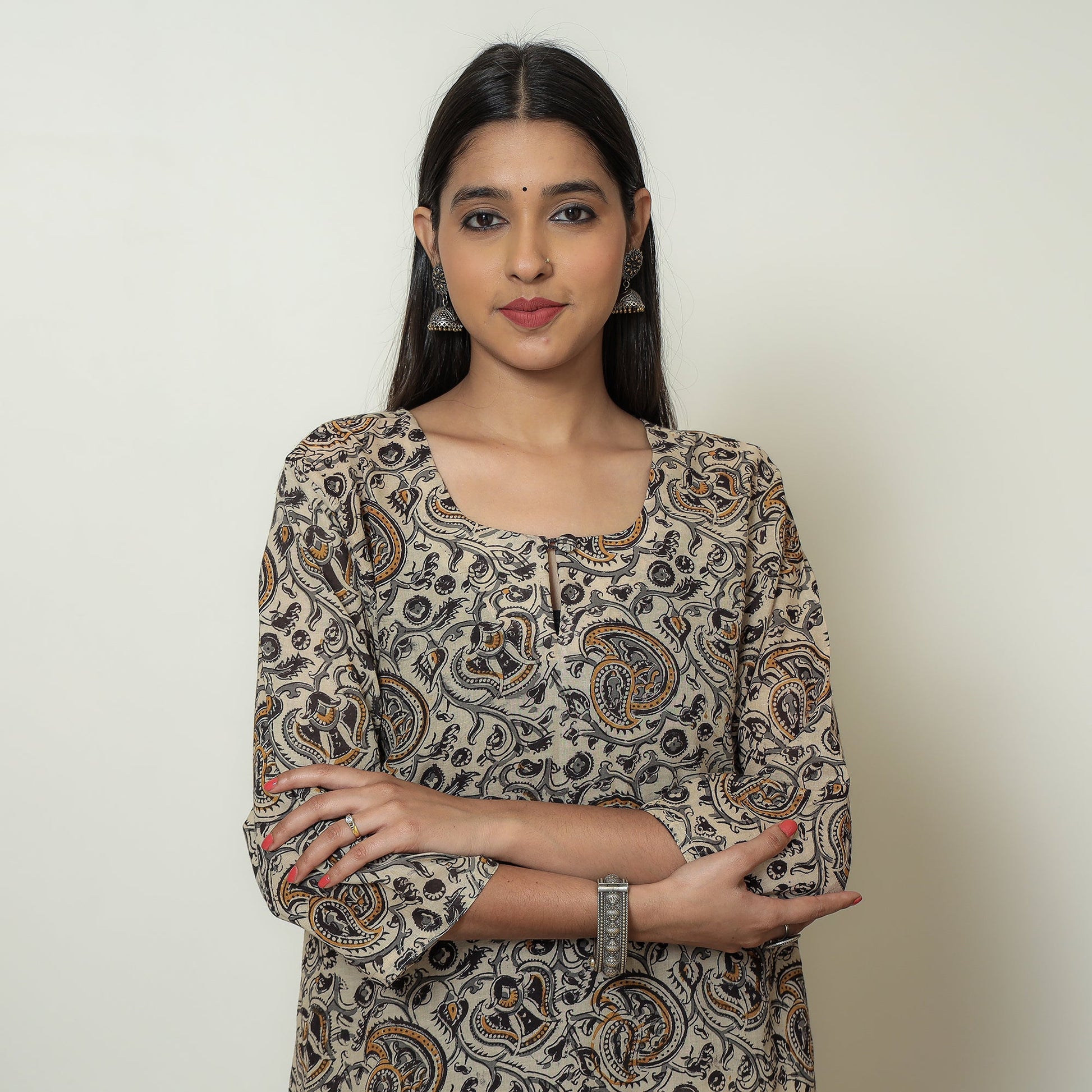 Beige - Kalamkari Hand Block Printed Mul Cotton Straight Kurta 08