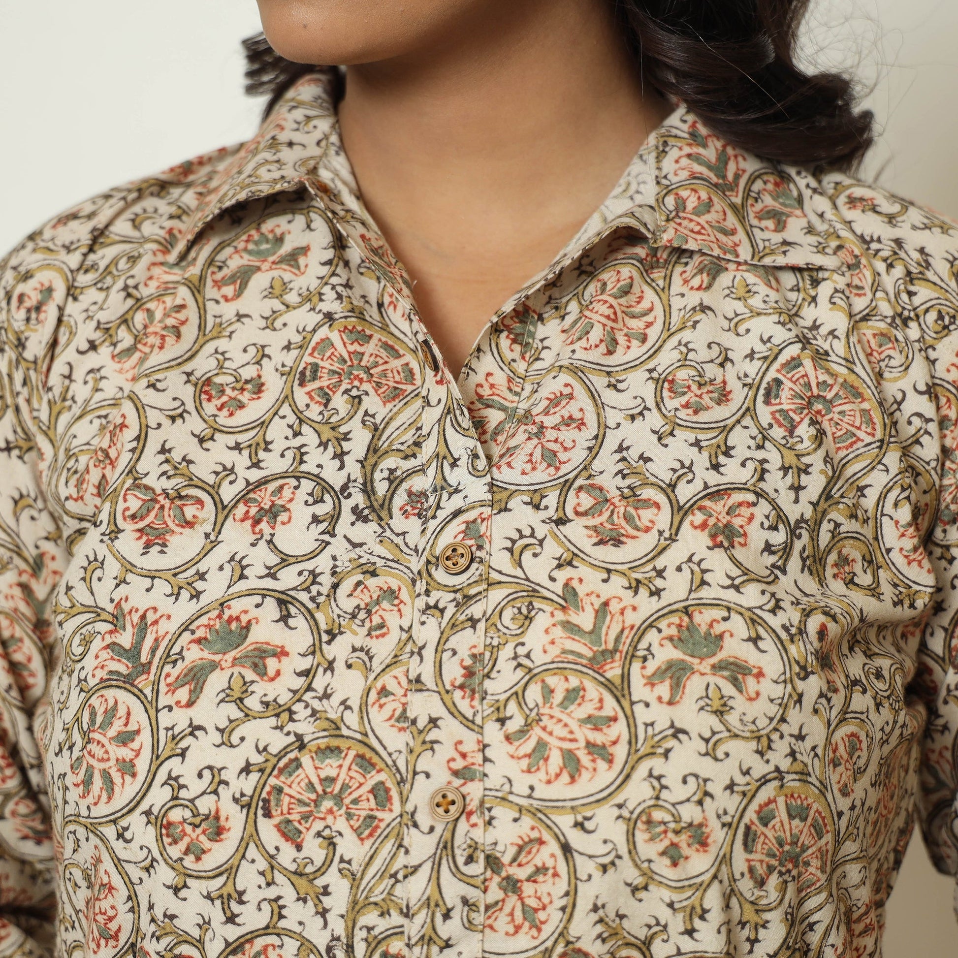 Beige - Pedana Kalamkari Hand Block Printed Cotton Straight Kurta 04