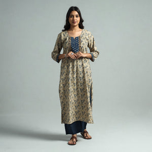 Beige - Pedana Kalamkari Block Printed Cotton Kurta with Palazzo Set