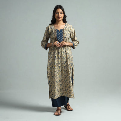 Beige - Pedana Kalamkari Block Printed Cotton Kurta with Palazzo Set