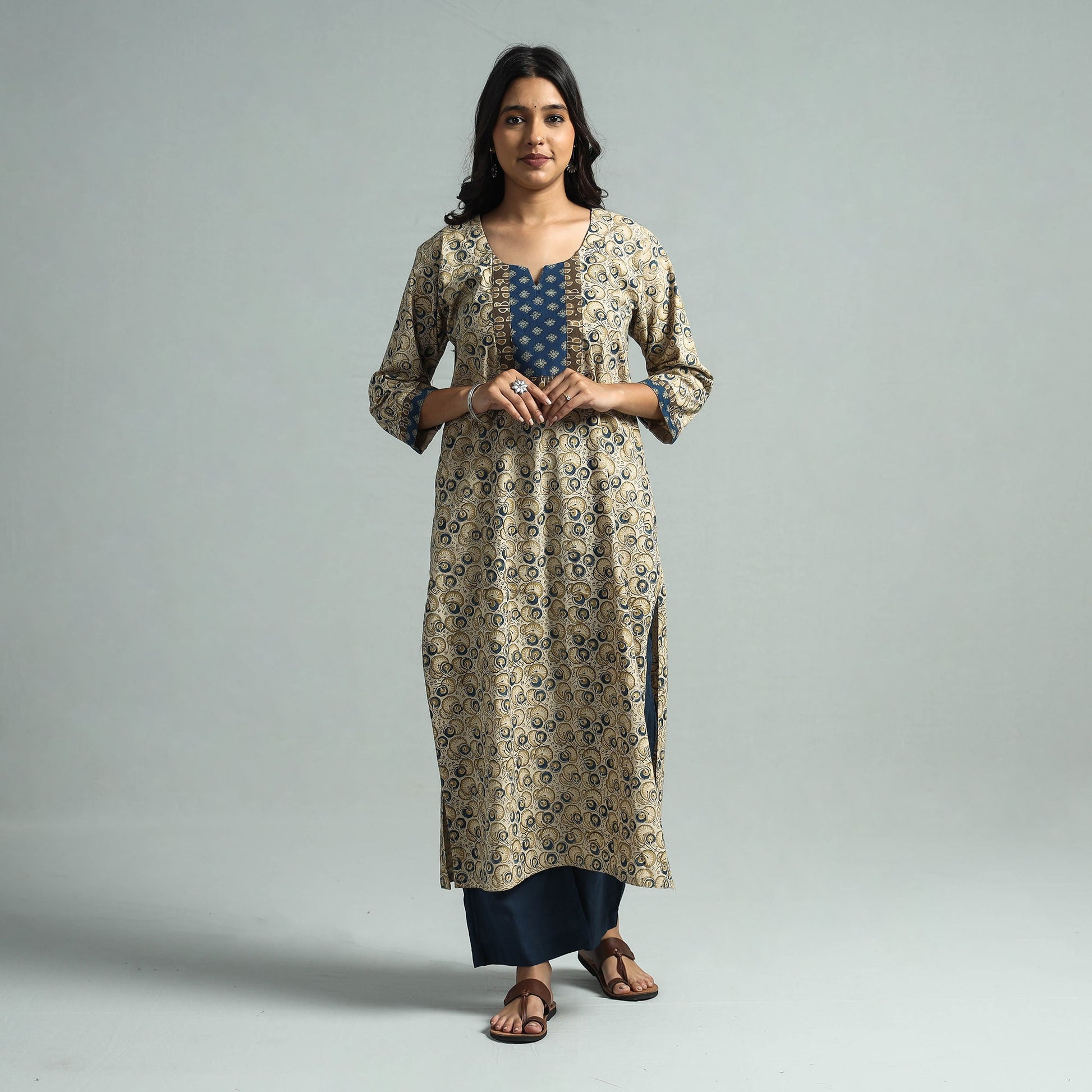 Beige - Pedana Kalamkari Block Printed Cotton Kurta with Palazzo Set