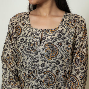 Beige - Kalamkari Hand Block Printed Mul Cotton Straight Kurta 08